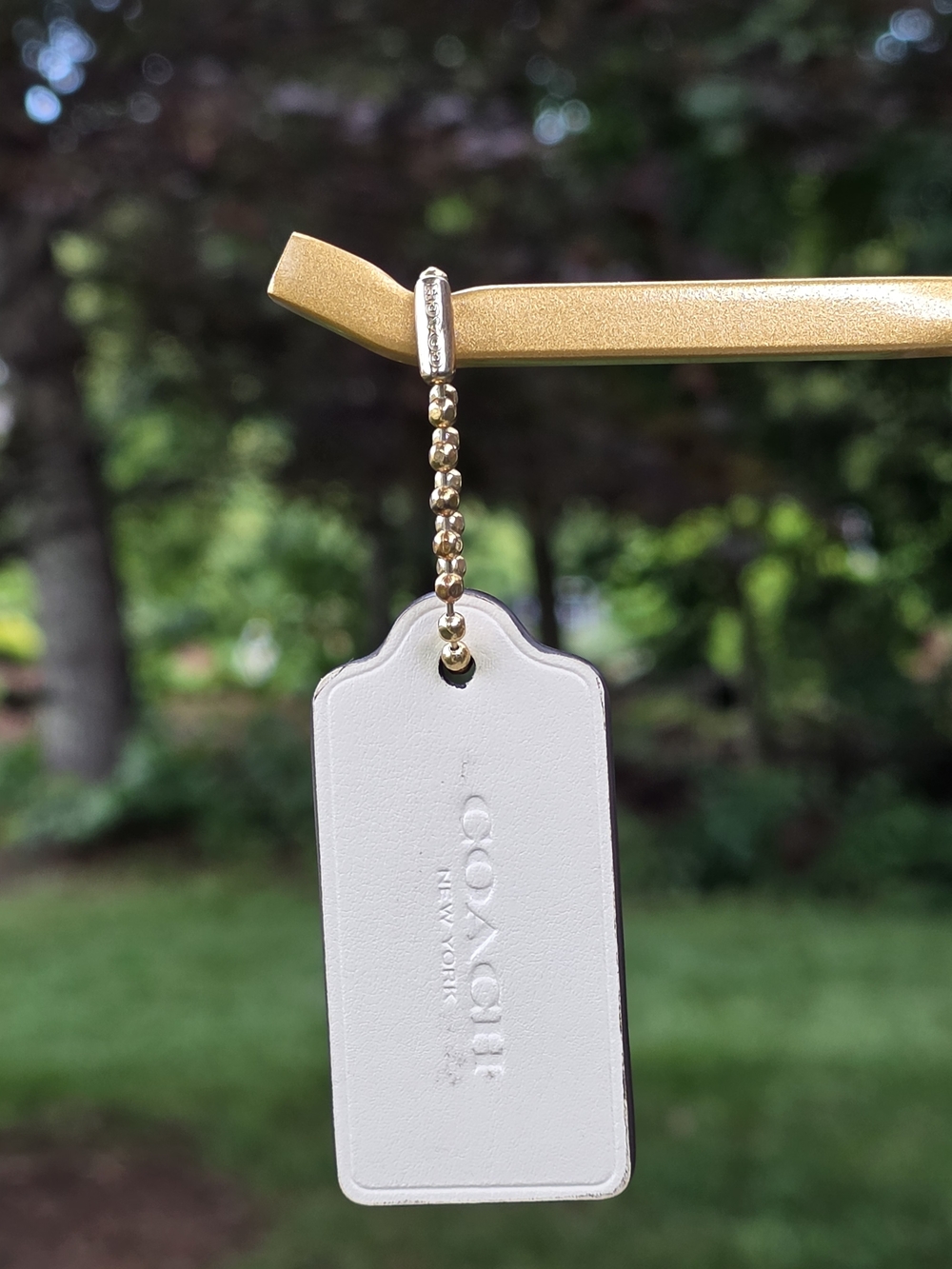 Coach Large Off-White Leather Tag with Gold & Spare Silver Ball Chain